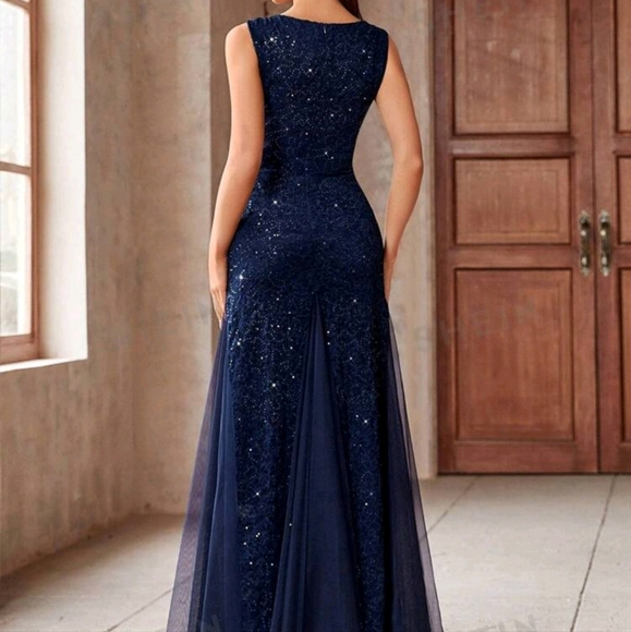 Sweetheart Neck Contrast Sequin Lace Mesh Mermaid Evening Party Fitted Dress - Picture 3 of 3